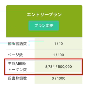生成AI翻訳機能_ダッシュボードの生成AI翻訳トークン数表示