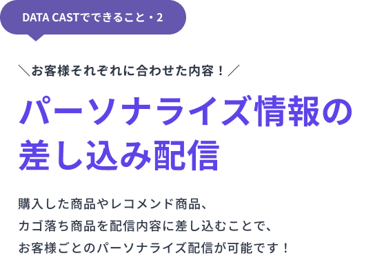 お客様それぞれに合わせた内容！パーソナライズド情報の差し込み配信。購入した商品やレコメンド商品、カゴ落ち商品を配信内容に差し込むことで、お客様ごとのパーソナライズド配信が可能です！
